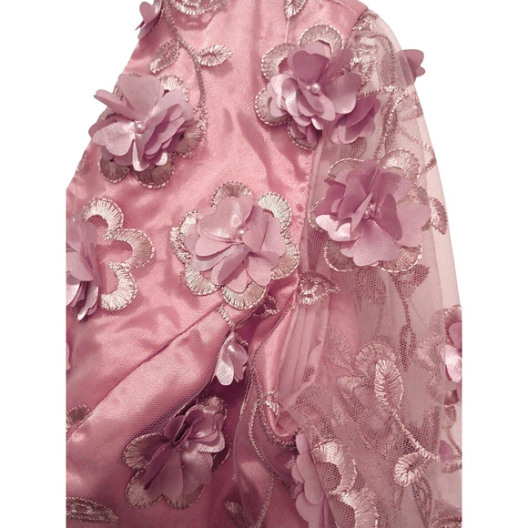 VNTG 80s Satin Dress Sz XL Pink 3D Flowers Chiffon Sleeves Fairy Princess Retro - Picture 2 of 12